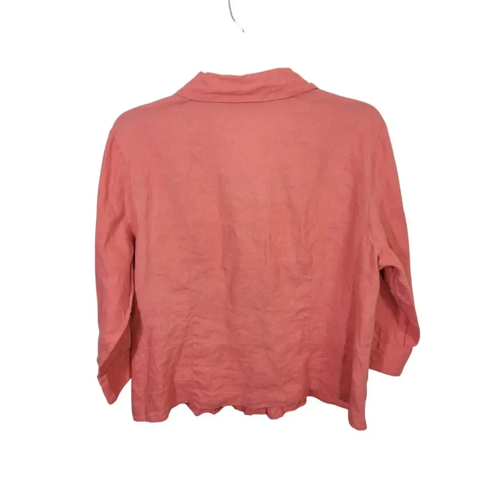 JM Collection Peach Embroidered 100% linen 3/4 Sleeve‎ Top Women's Size 14P